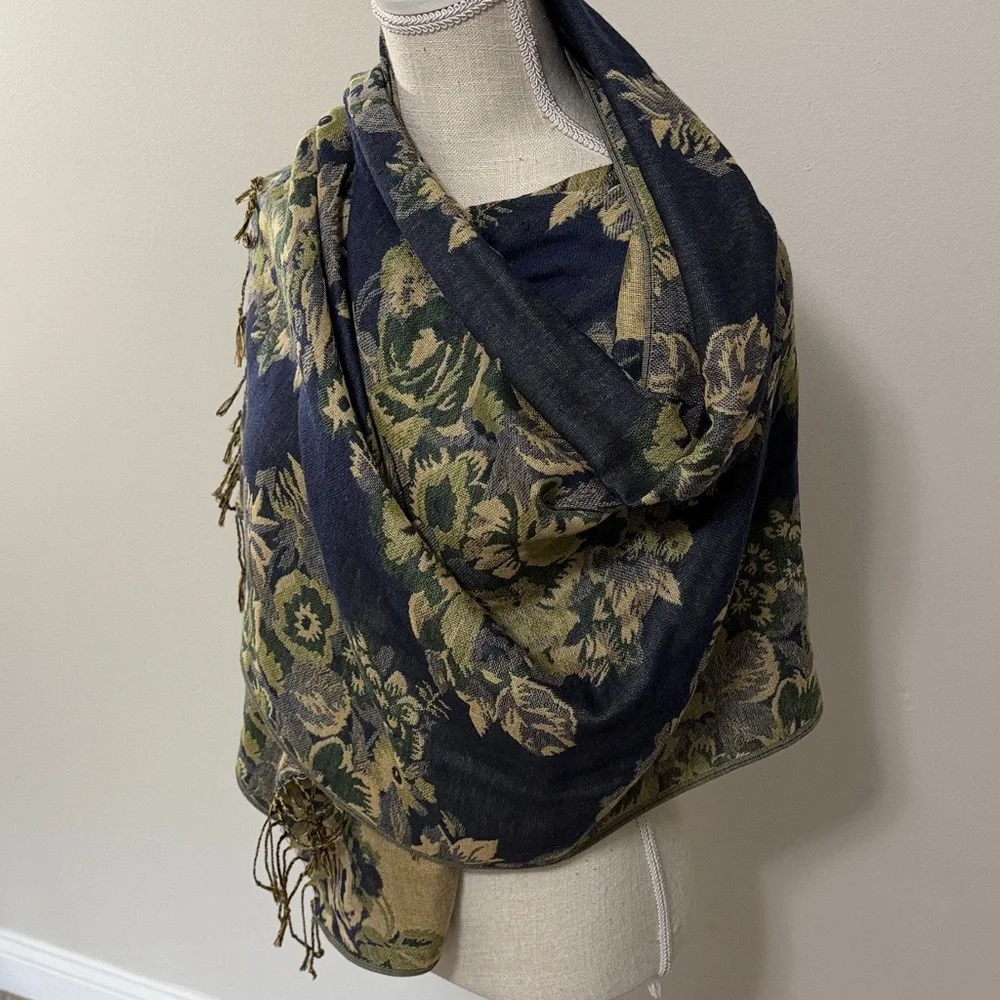 Floral Jacquard Wrap Shawl‎ in Navy and Olive
